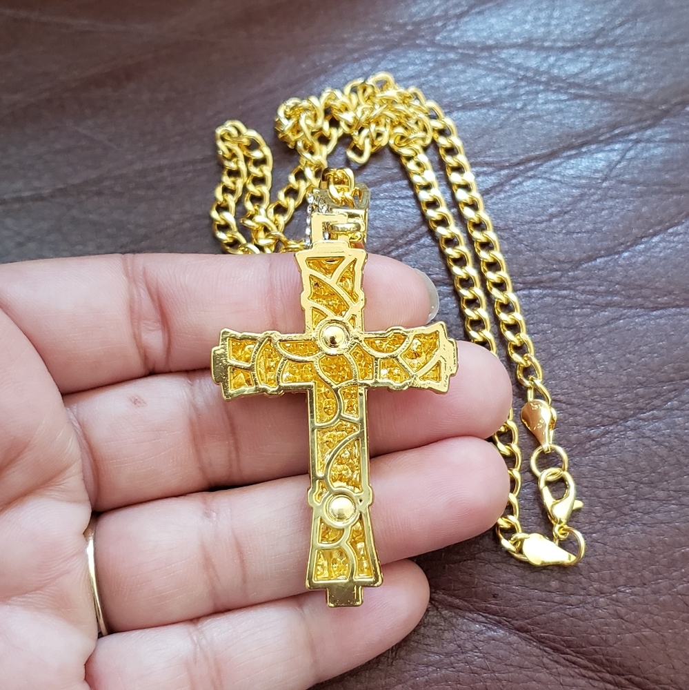 Gold Tone CZ Cross Pendant Necklace - Picture 3 of 6